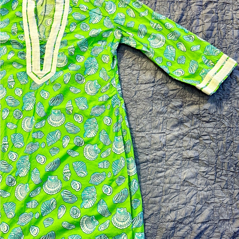 Vtg Lauren Gold Tunic Dress Lime Green Seashell Print Cotton Resort Beach Sz 10 - Picture 3 of 12